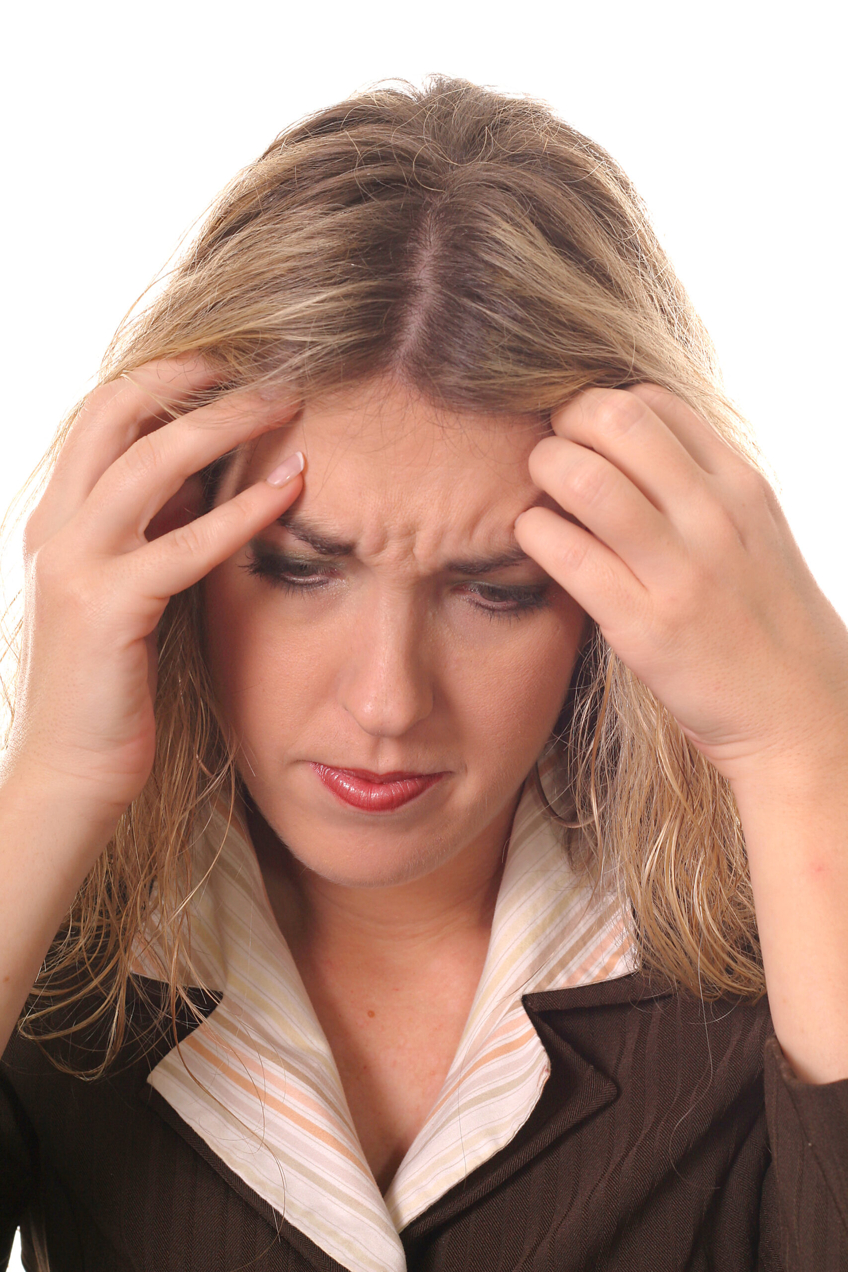 woman with head down concentrating