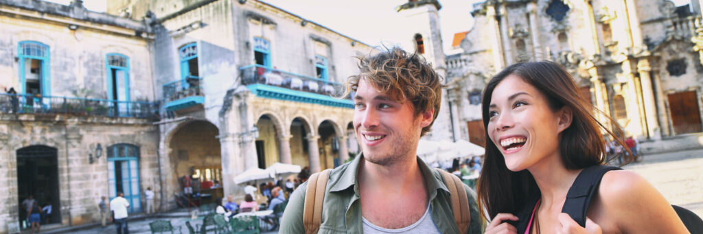 Young man and woman travelling feeling confident after replacing hair