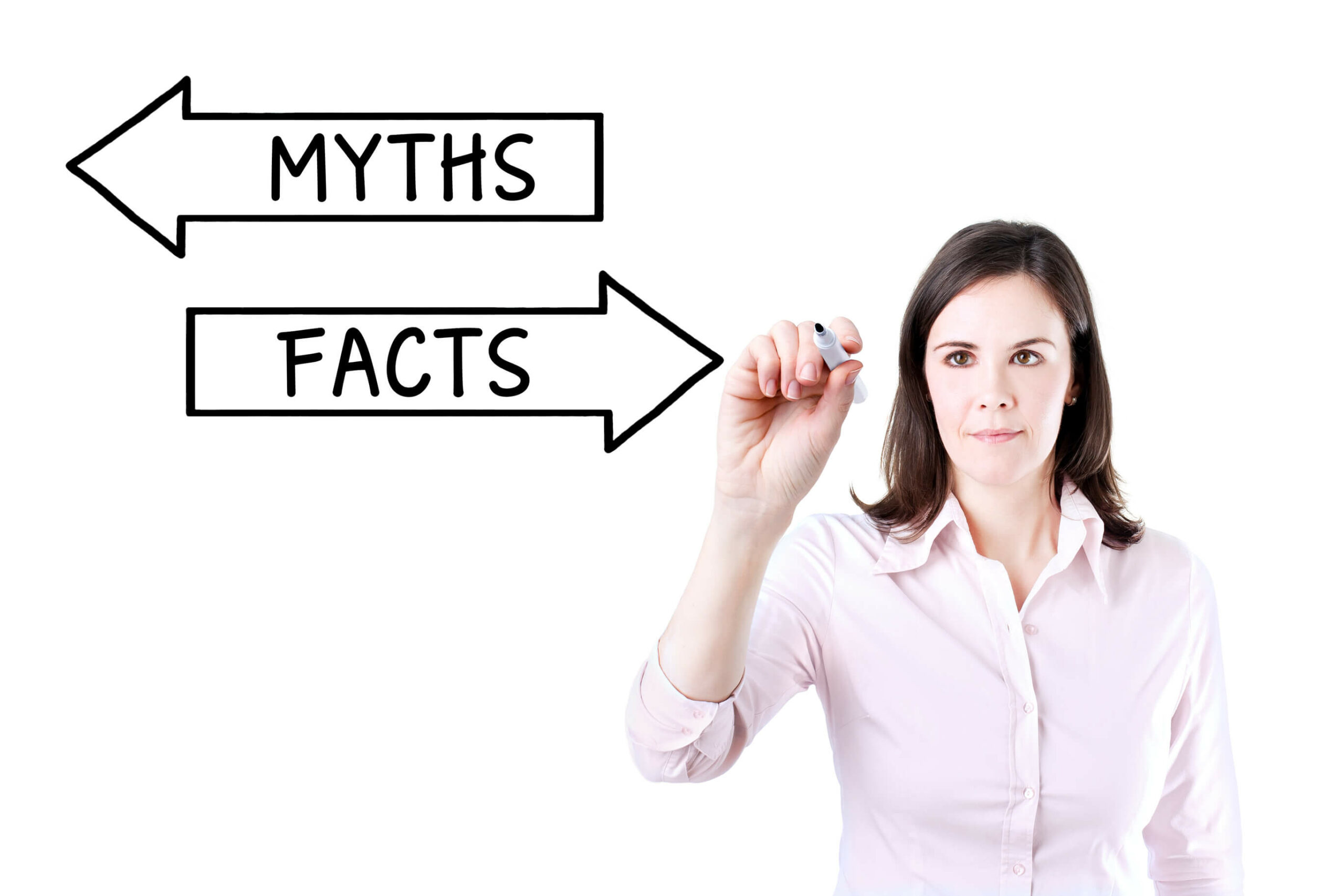 A woman draw out the word myths and facts