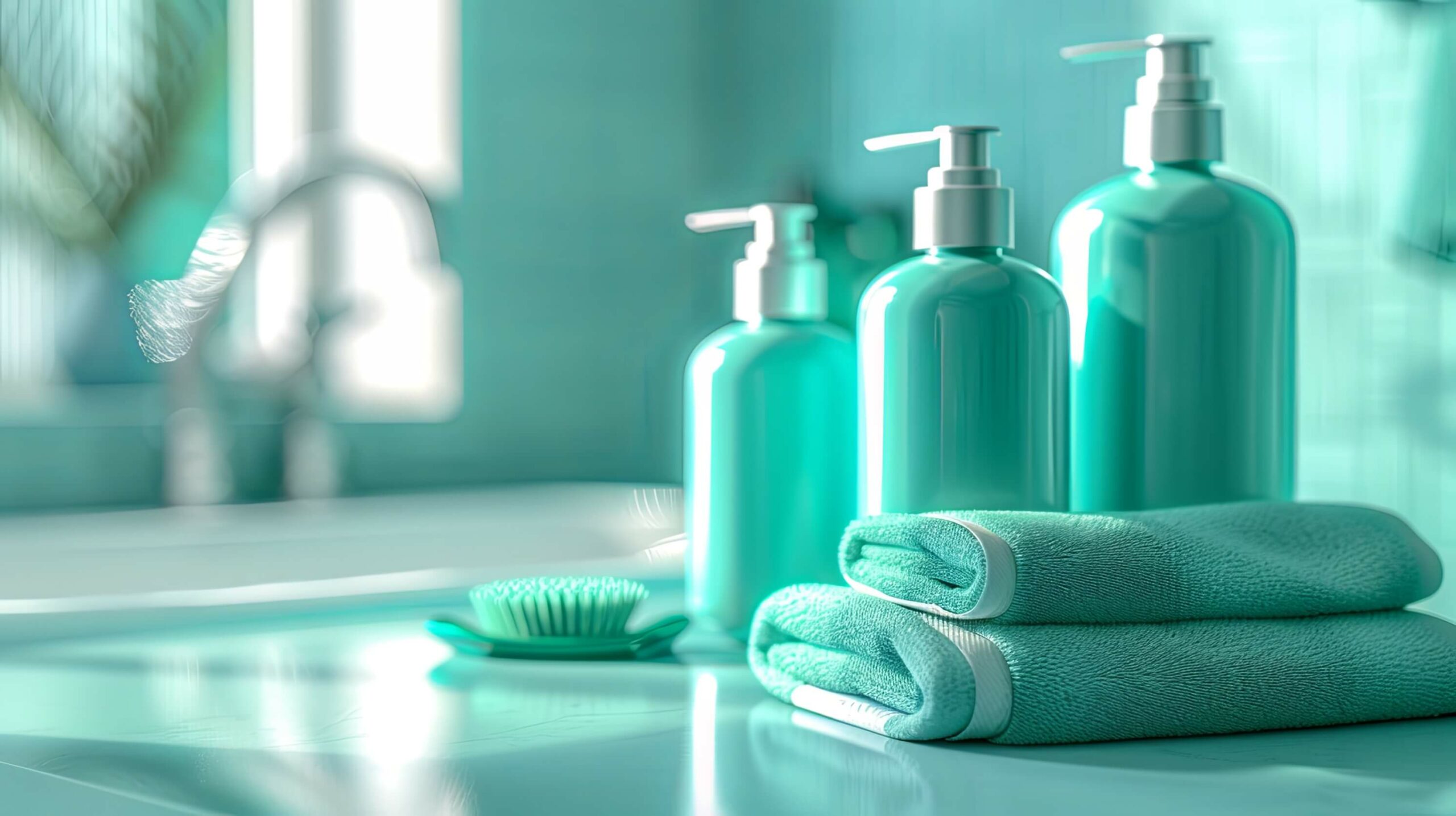 When should I wash my wig? Bottles of shampoo and conditioner on a bathroom counter with towels